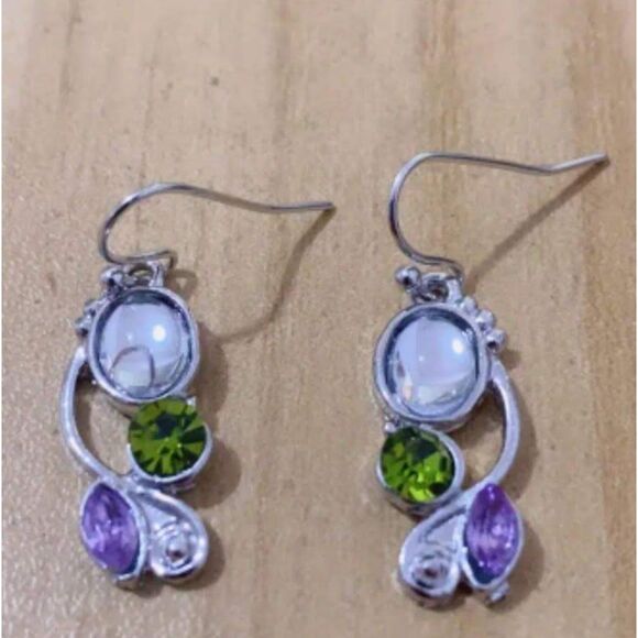 White Resin Green Peridot Purple Amethyst Silver Earrings French Wires Drop - Picture 1 of 3